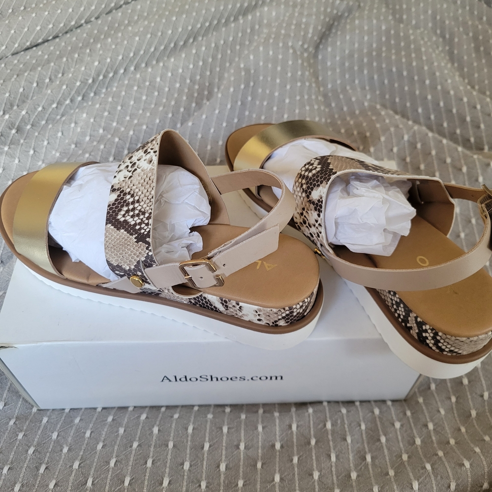 Aldo (VOIDDA) Beige, Gold & Snake-Print Platform Sandals